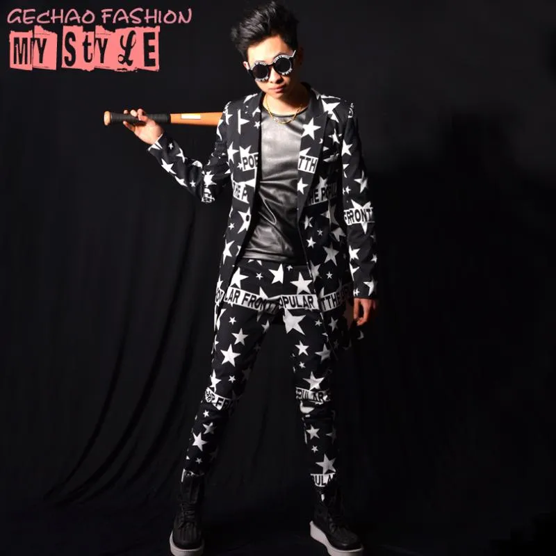 販売最安 メンズスーツブレザー男性スリムフィットコート男性ストリートウェアヒップホップカジュアルスターパターンロングスーツジャケットカスタムナイト クラブファッションショー服 激安ファッション Vtech Computer Com