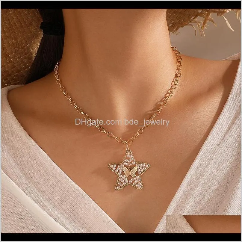 gothic pearl star pendant necklace for women gold geometric butterfly alloy necklaces ladies party jewelry gifts 15923