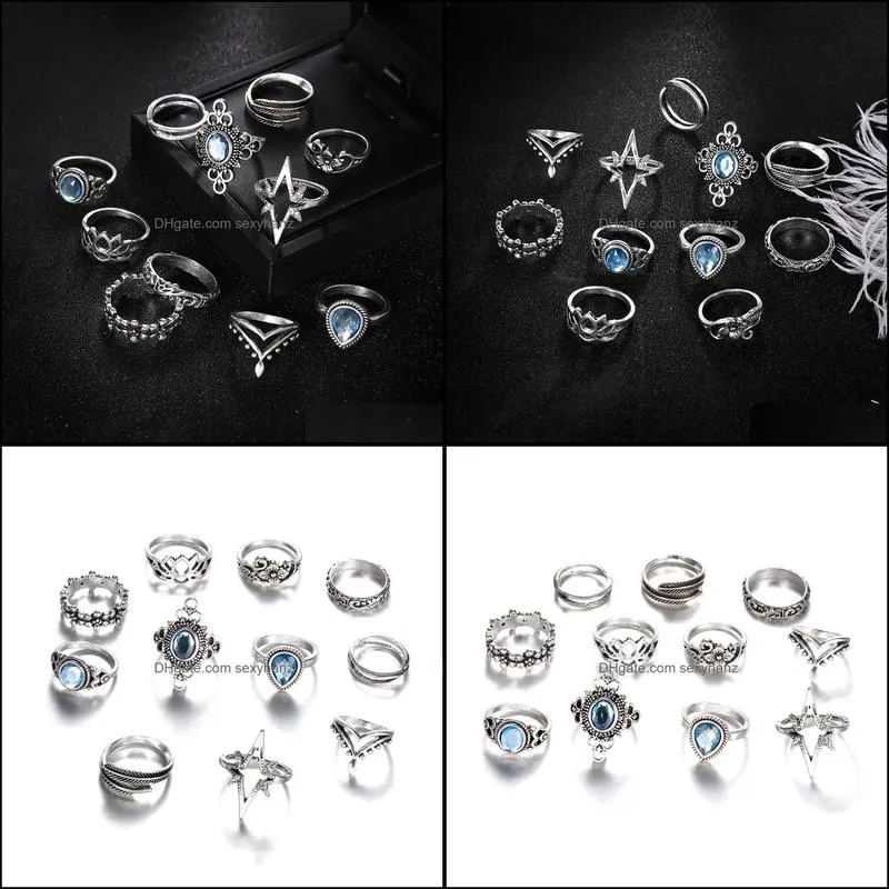 Womens Retro Diamond Rings Carved Starry Stones Gemstone Cluster Rings 11 piece set ring