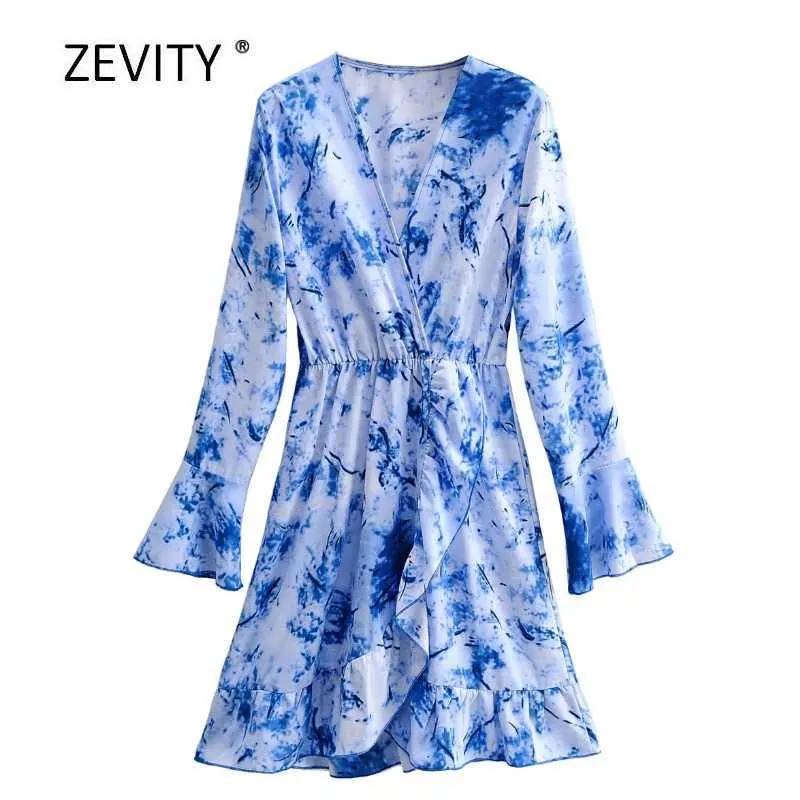 Euro Kobiety Eleganckie V Neck Tie Drukowanie Ruffles Mini Dress Lady Z Długim Rękaw Elastyczny Talia Dorywczo Slim Mini Dresses DS4115 210603