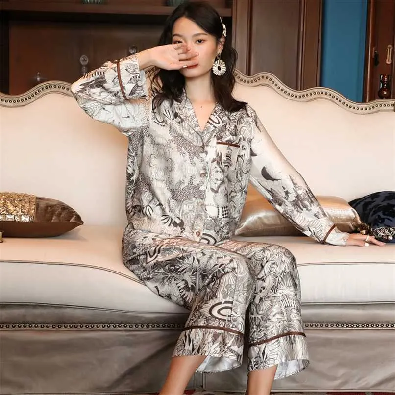 Maison Gabrielle Флористический напечатанный сатин Pajamas набор женщин Loungewear 2 ШТ. Длинный рукав, растягивающиеся свободные роскоши ночные одежды ночные одежды 211112