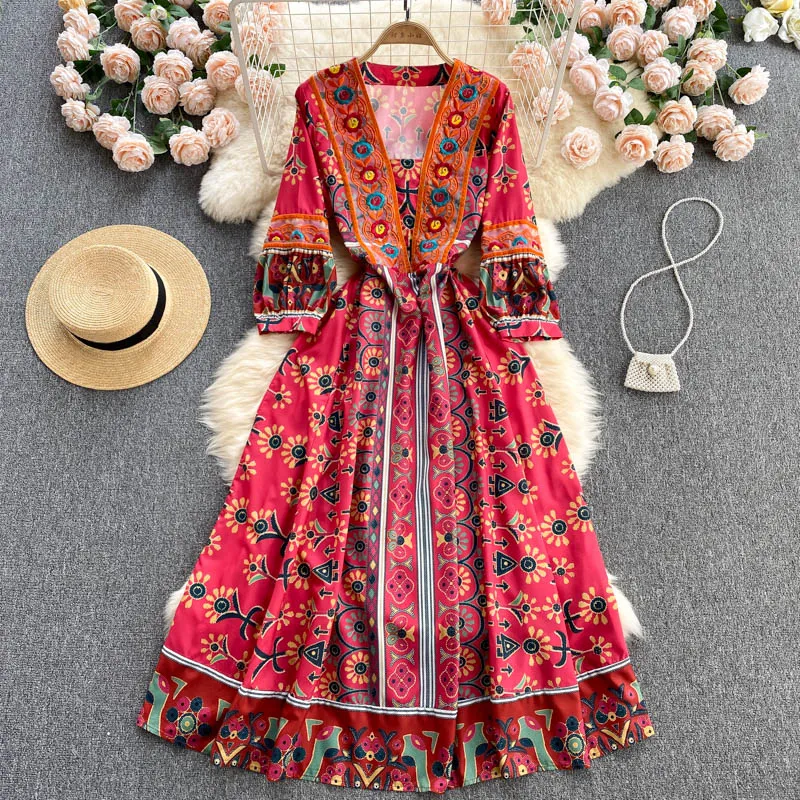 2022 Summer Boho Vacances décontractées Longues chères de soleil Robe imprimée rétro V V robes de broderie à manches A-Line