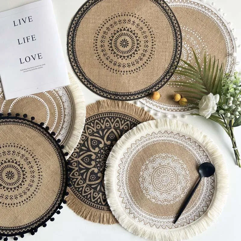 Table Mats & Pads Exquisite Woven Jute Cotton Mat Bohemian Style Printing Placemat Round Food Pad Dining Tableware Kitchen Decor