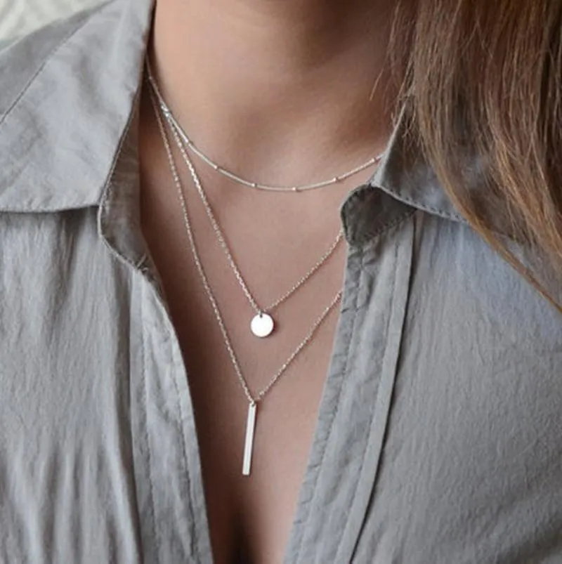 Pendant Necklaces 1pc Women Pendants Copper Bead Metal Bar Sequin Multilayer Chain Necklace Jewelry