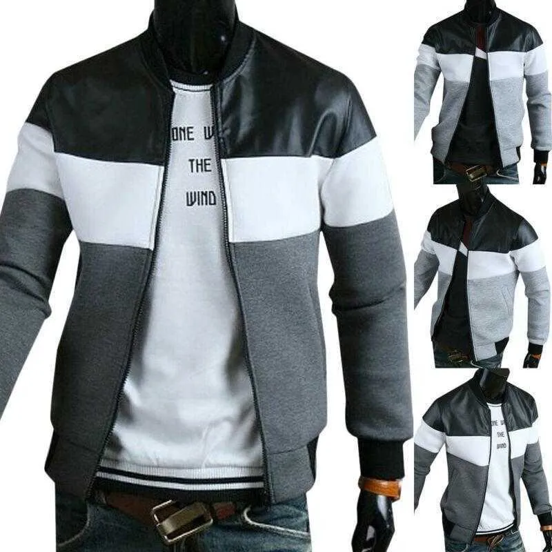 Mens Color Block Bomber Flight Jacket Casual Zipper Coat Ytterkläder Varm Höst Vinter X0621