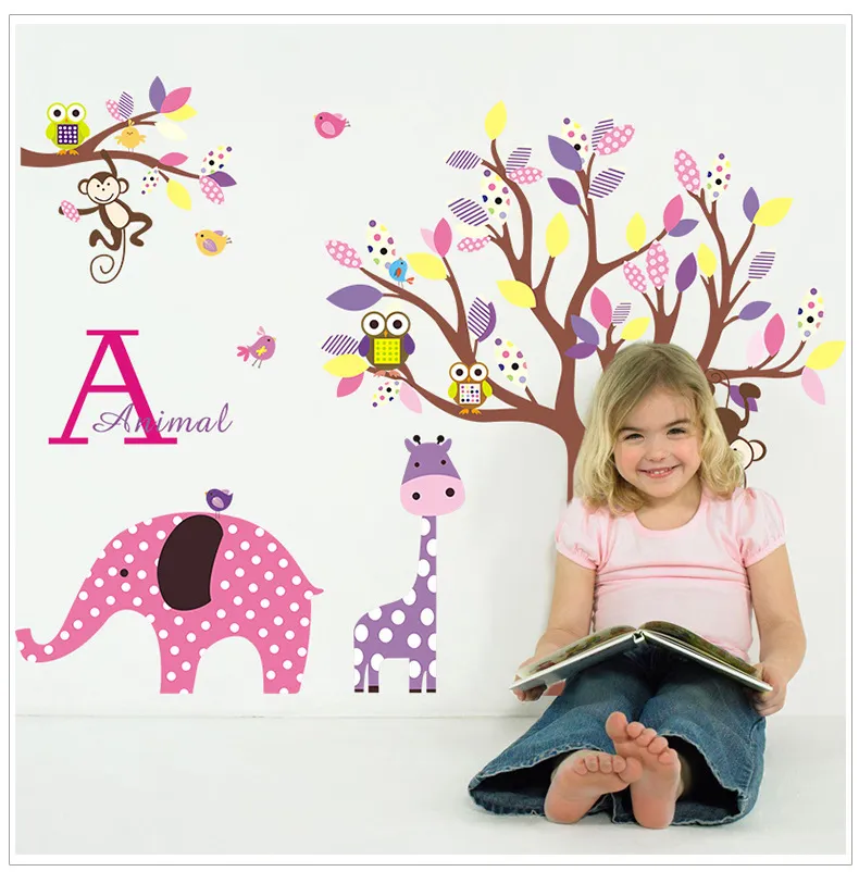 Animal macaco coruja elefante leão zoológico grande árvore pvc removível adesivos de parede kids quarto decoração de casa decalques de parede JM7293AB 210420