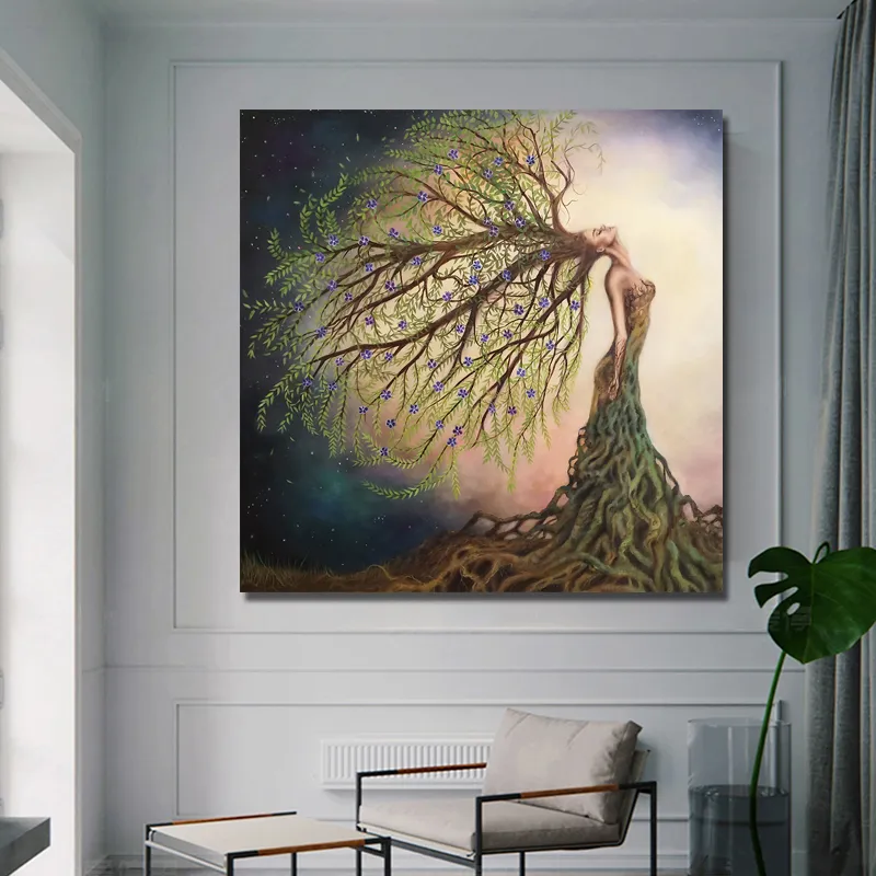 Reliabli arte abstrata menina árvore cabelo Pôsteres Pintura de lona fotos de arte para sala de estar decoração de casa impressões modernas