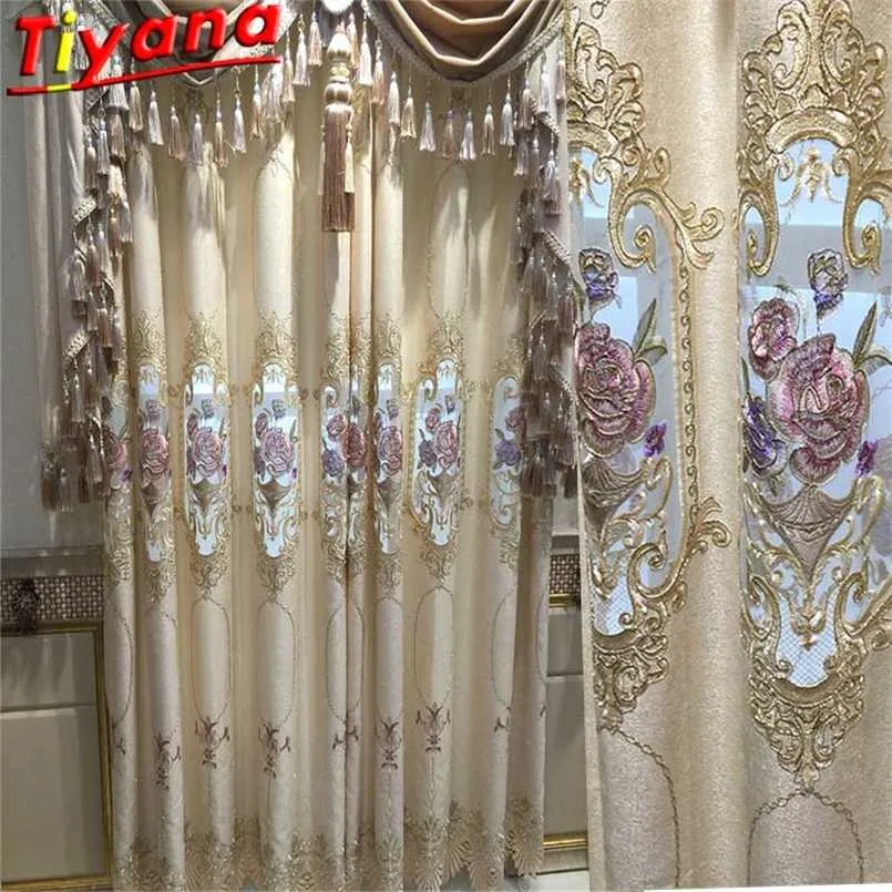 Luxury Semi-Blackout Embroidery Curtain for Living Room Nordic Chenille Finished Product Flower Beige Tulle for Villa HM140#CG 211203