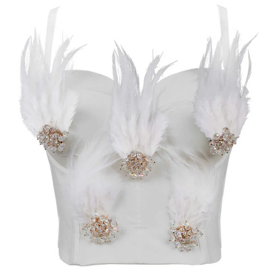 White Feather Head Beaded Crop Top With Built In Bra Perfect For