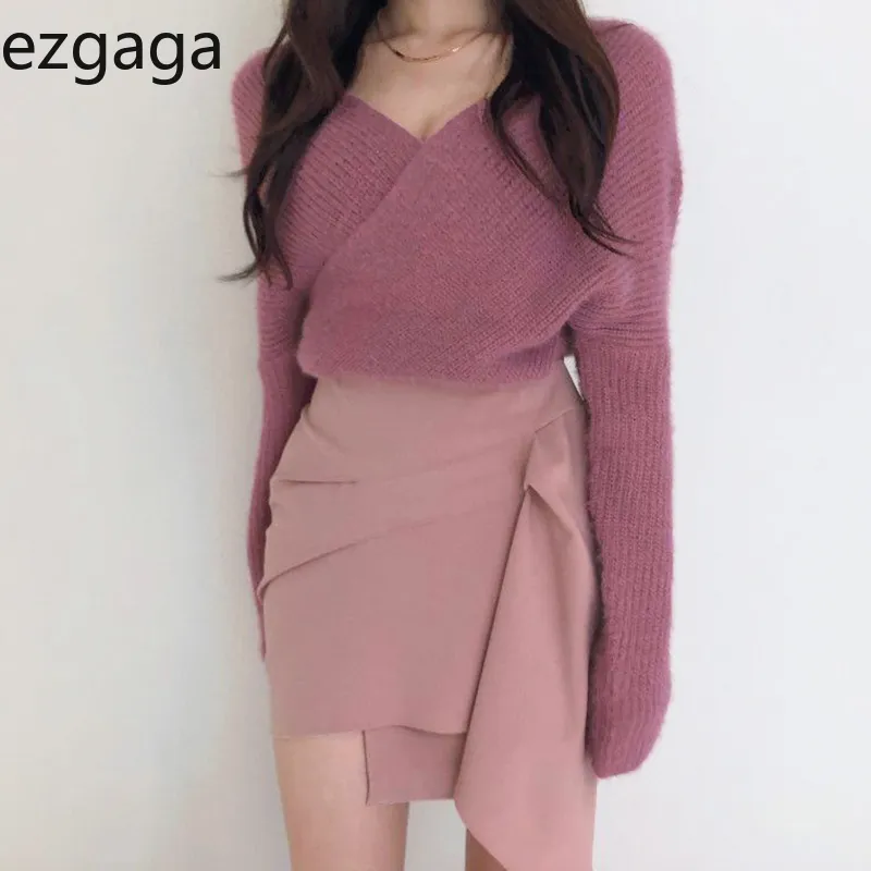 Ezgaga två stycken Set Kvinnor Chic Sexig Deep V-Neck Criss-Cross Knit Sweater Pullover Hög midja Kjolar Oregelbundna Bodycon Elegant 210430