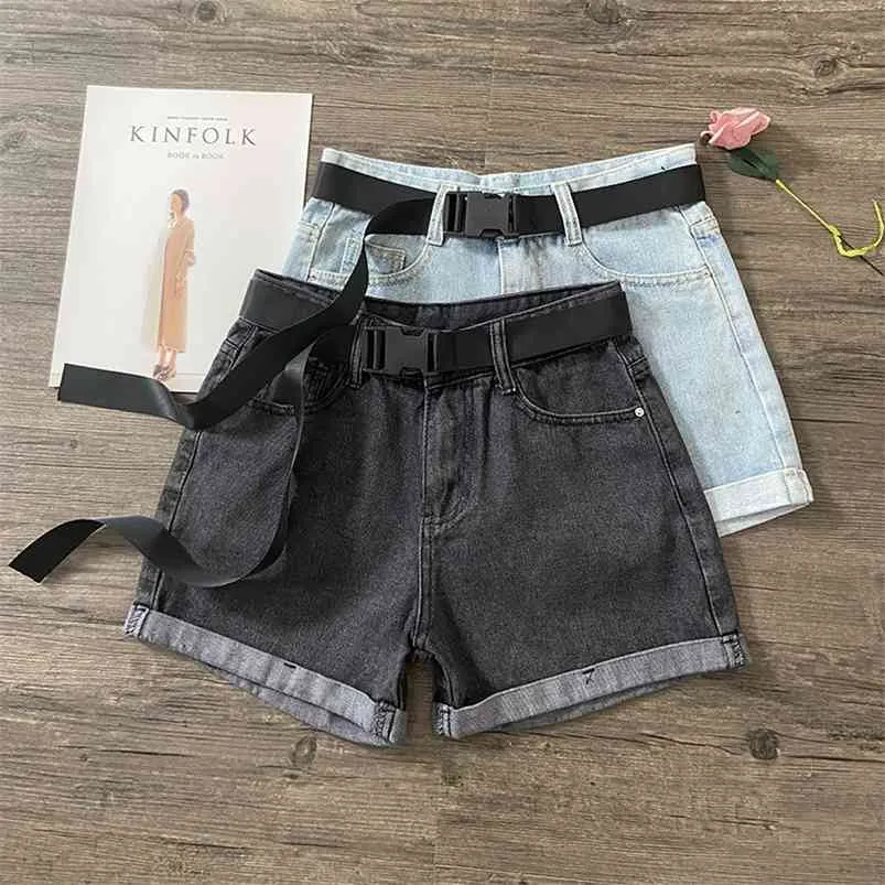 Sommer-Frauen-beiläufige Knopf-Reißverschluss-hohe Taillen-dünne Denim-Shorts Weinlese-Damen-blaue und graue Jeans mit Gürtel 210430