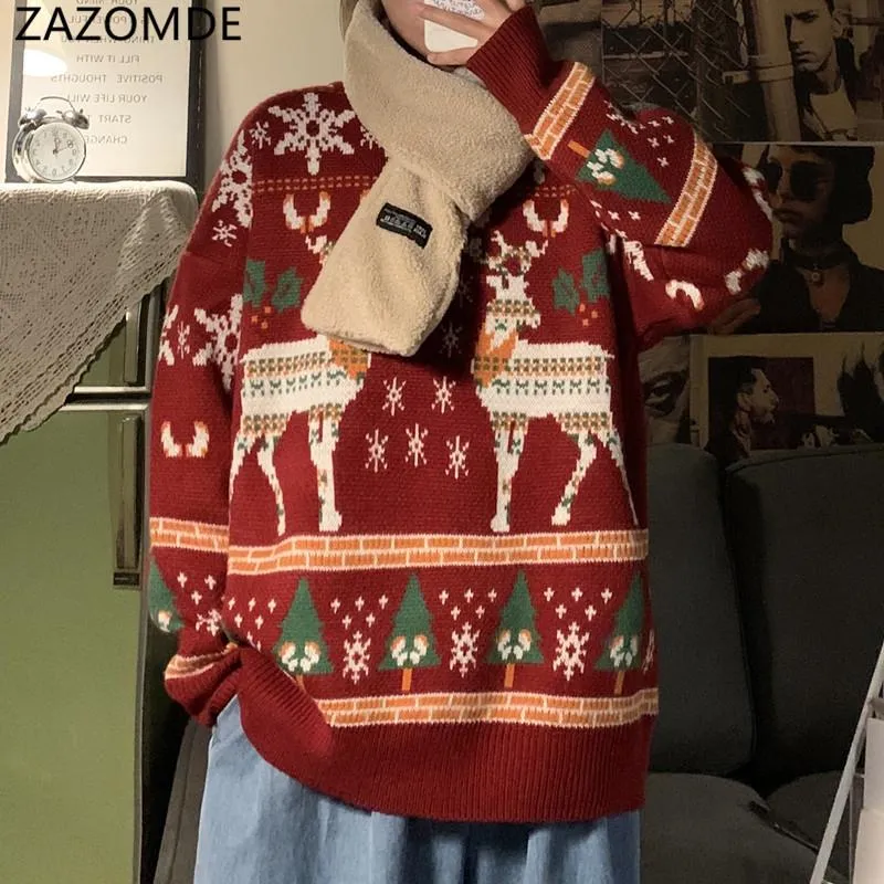 Męskie Swetry Zazomde Unisex Boże Narodzenie Sweter Śmieszne Renifer Bluza drukowana Mężczyźni Crewneck Winter Xmas Bugers Topy