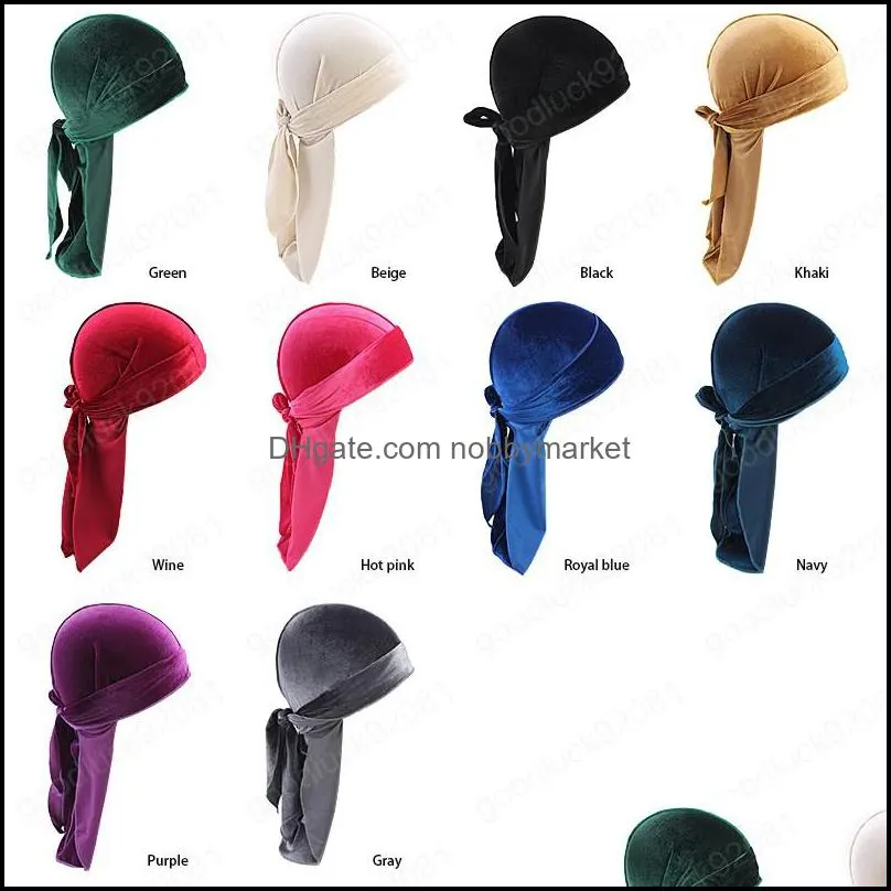 Beanie / SKL 모자 모자 모자, 스카프 장갑 패션 Aessories Mens Veet Durags Bandana Turban Hat 가발 남성 Durag 라이딩 헤드웨어 헤드 밴드 파이