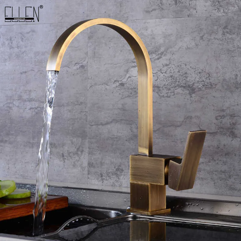 Kitchen Faucets Brass Kitchen Sink Water Faucet 360 Rotate Swivel Faucet Antique Bronze Mixer Single Holder Single Hole ELF2101 210724