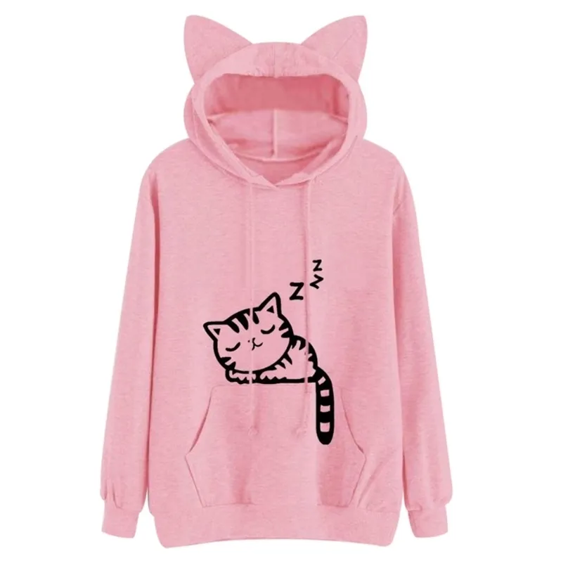 Harajuku kvinnor hoodies sweatshirt kawaii rosa vinter katt mönster långärmad moletom hooded sweatshirts öron hoaed mujer 210803