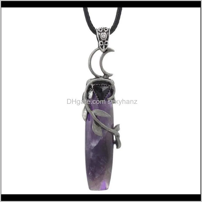 natural stone crystal pendant necklace antique silver color purple pink quartz leaves winding faceted rectangle long n qylnyt