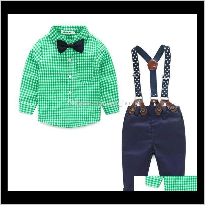 baby boys gentleman clothing sets spring autumn infant boys plaid shirt+denim suspender pants 2pcs set kids outfits