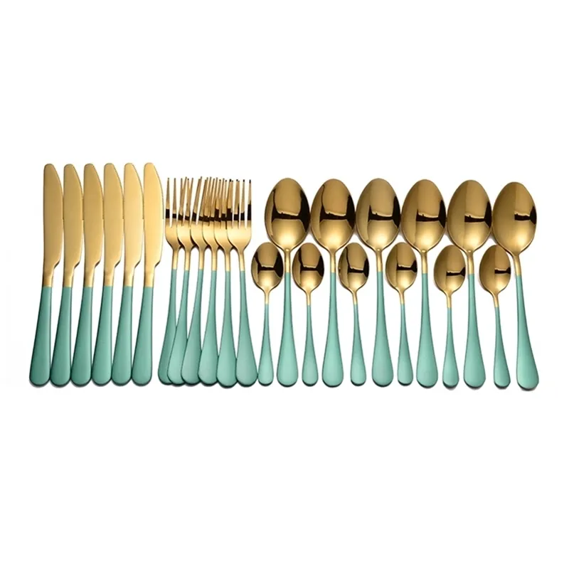 Tablewellware 24 Pcs Cutlery Tableware Gold Spoon Set Stainless Steel Cutlery Set Kitchen Forks Knives Spoons Dinnerware Set 210706