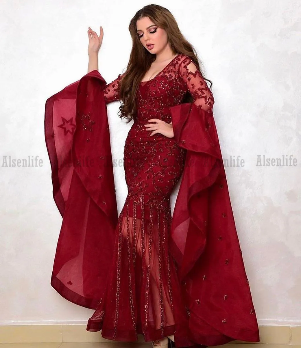 Kvinnors röda sjöjungfru klänning 2022 långa ärmar applikationer spetsskopa arabiska saudiska festklänningar formella prom klänningar