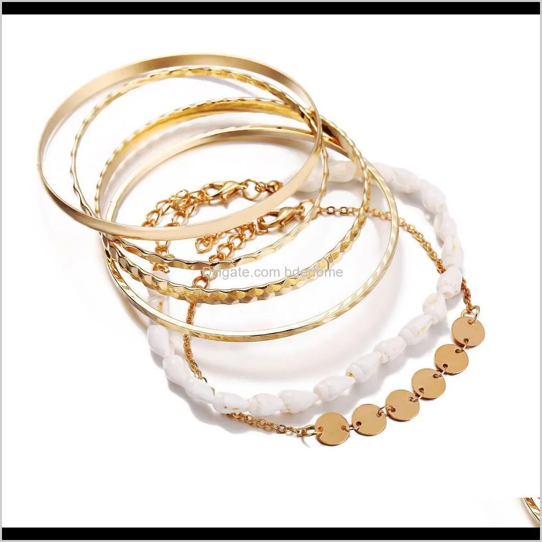 fashion jewelry bracelet sets 6pcs/set coin charm shell bracelet metal chain and stainless bangle gold color plated