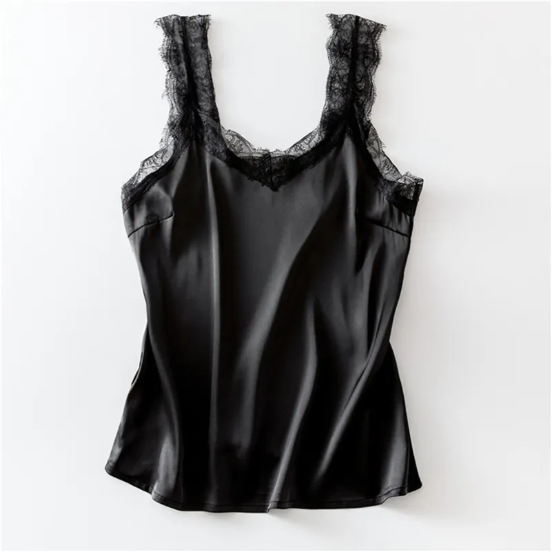 Sexy Lace Tank Top Women Summer Casual Satin Silk Vest Backless Lace-up Basic Tops Black Sleeveless Camisole T-Shirt 210625