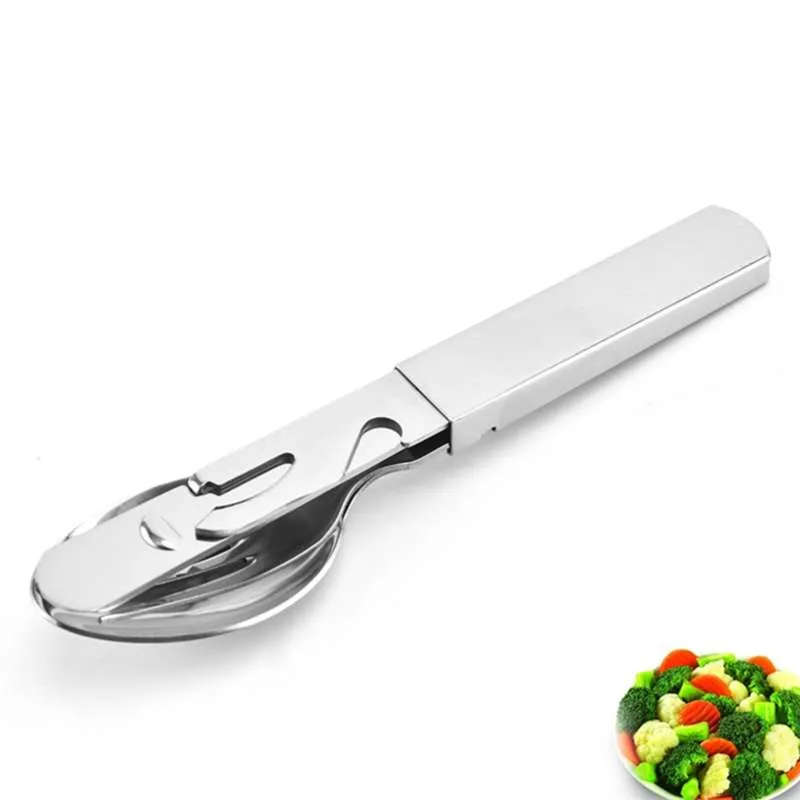 4-in-1 Portable Stainless Steel Camping Spoon, Fork, Knife and Can/Bottle Opener, Military Utensils 210928