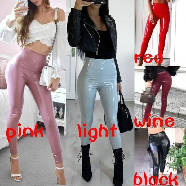 Marka Kadınlar Yüksek Bel Skinny Pantolon Parlak PU Patent Deri Tayt Pantolonları Kulüp Partisi Seksi İnce Uygun Katı Moda