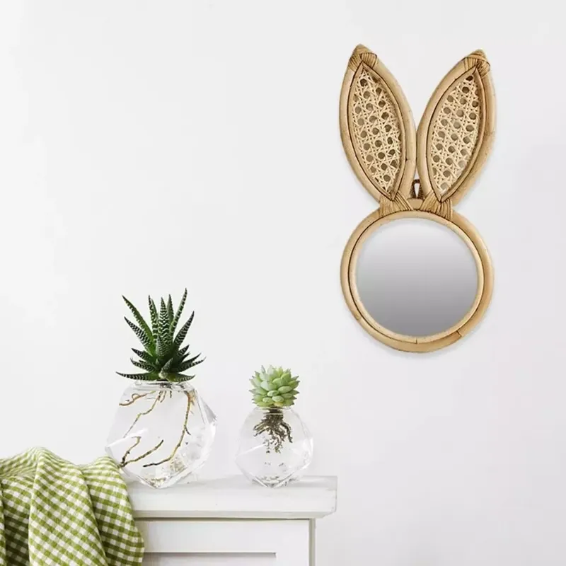 Rotin mural décoratif fait à la main lapin oreille singe dressing maquillage miroir suspendu rond décoration Compact mur