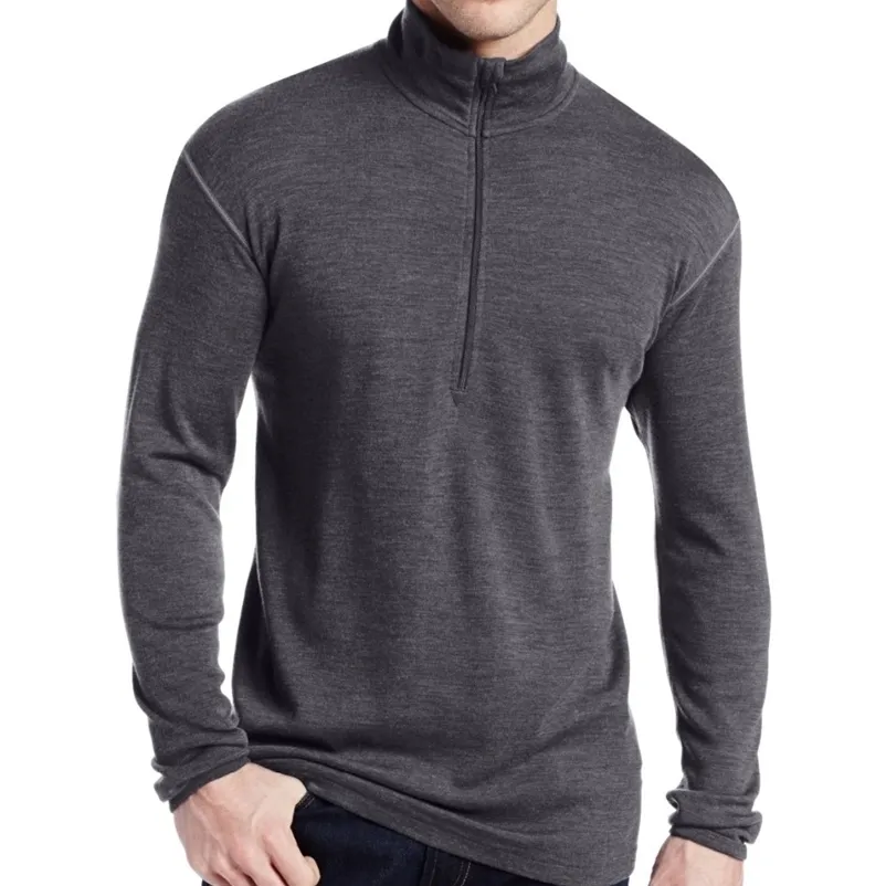 Homem Nova Marca 100% Puro Merino Merino Homens Médio Peso 1/4 Zip Fora Da porta Camada Base Quente Thermal Manga Longa Camisa Tops 210409