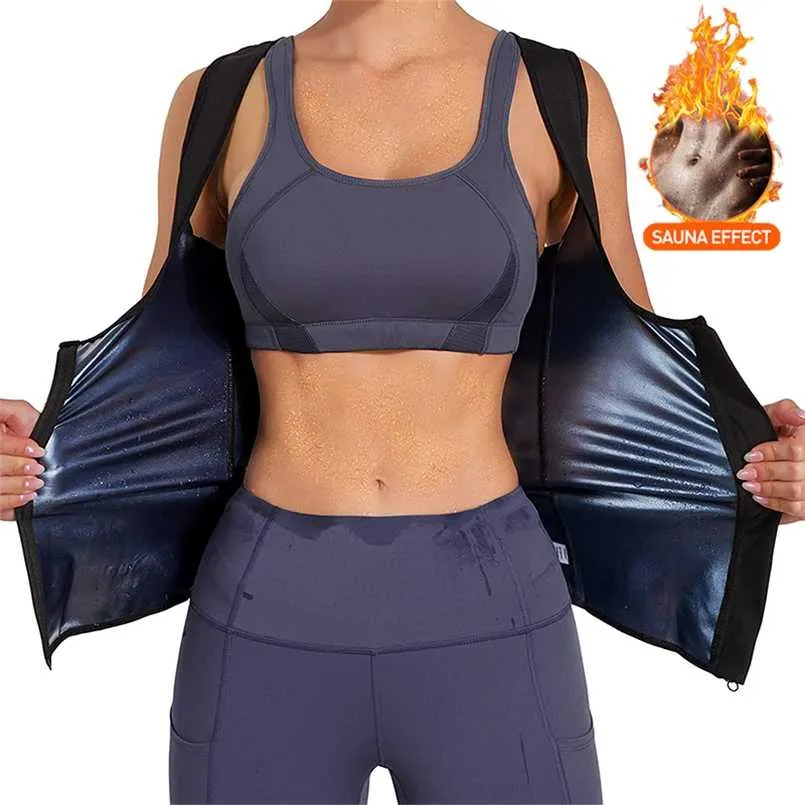 Vrouwen Sauna Shaper Vest Thermo Sweat Shapewear Tank Top Afslanken Taille Trainer Corset Gym Fitness Workout Rits Shirt 211029