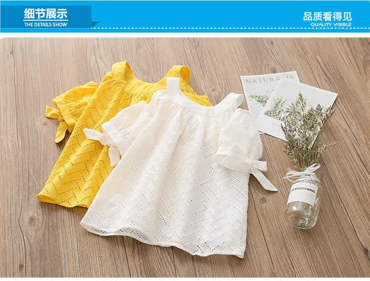  Summer 2-10 Years Children Cotton Solid Color Off Shoulder Strapless Hollow Out Wave Little Sexy Kids Girl Dress Blouse (6)