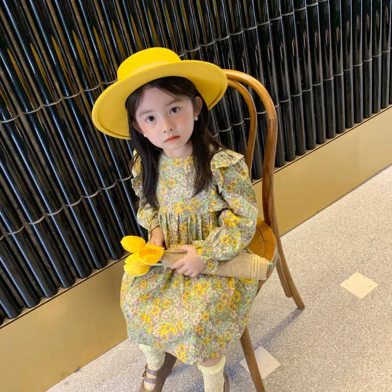 Girls' Dresses 2021 Spring And Autumn New Style Korean Style Long-Sleeved Pastoral Floral Princess Dress Q0716