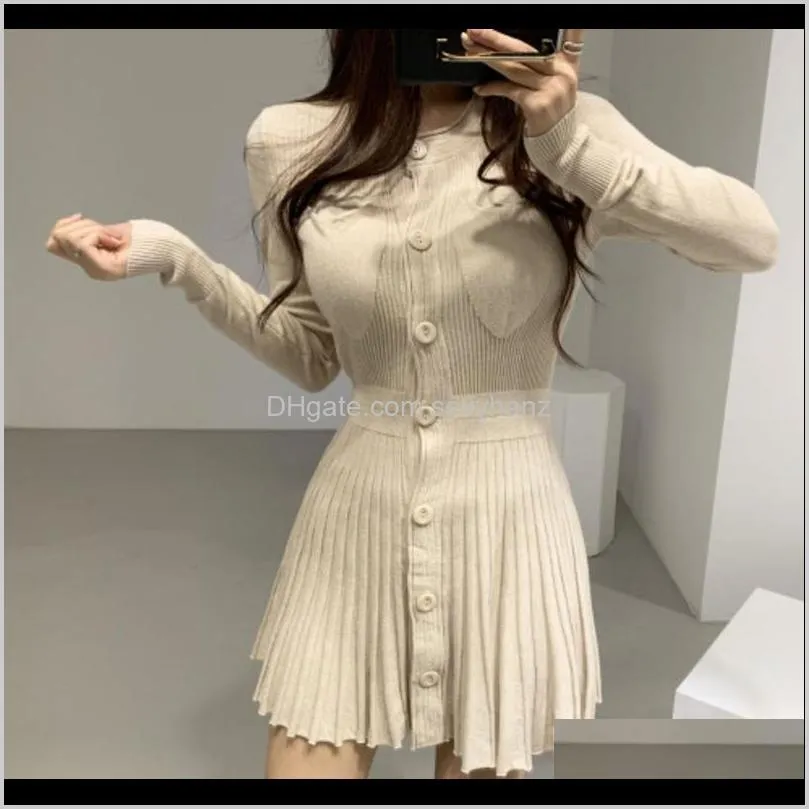 korean casual single breasted knitting mini dress women autumn winter buttons knitted sweater dress pleated robe femme vestidos