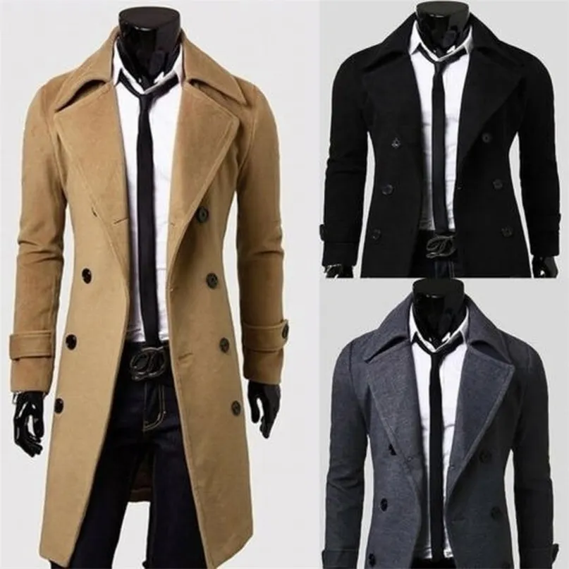 Men Winter Warm Trench Coat Double Breasted Long Jacket Top Dress Shirt Overcoat 210819