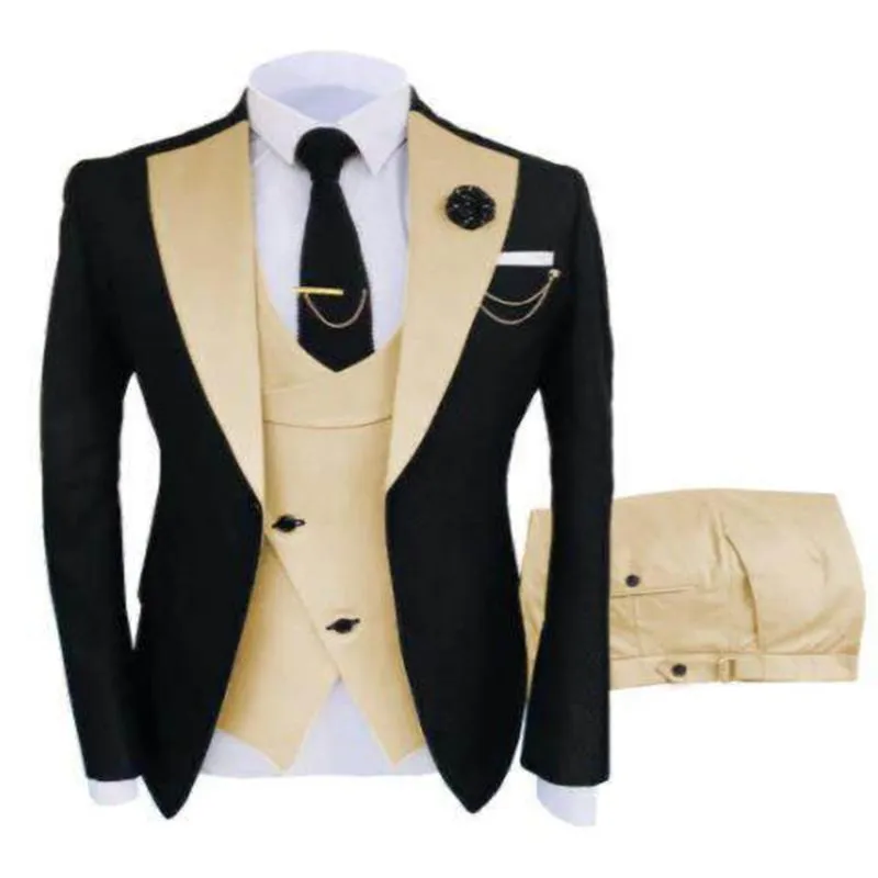 Mäns kostymer blazers svart och champagne män kostym 3pcs slim passform kostym bröllopsklänning brudgum tuxedos prom kappa jacka + byxa + väst