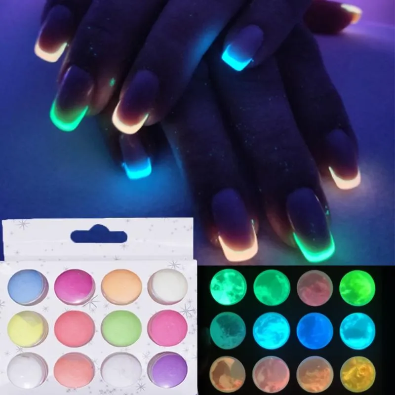 Nagelglitzer, 12 Boxen/Set, leuchtet im Dunkeln, phosphoreszierendes Pulver, Pigment, leuchtend, glänzend, für Halloween, Weihnachten, Kunstdekorationen