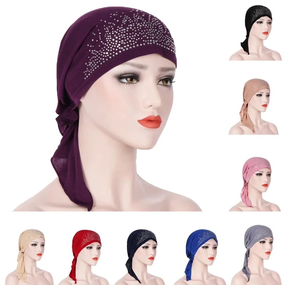 Chapeau Turban doux et élastique pour femme, couvre-chef musulman, écharpe enveloppante, casquette Hijab, strass, nouvelle mode 2021