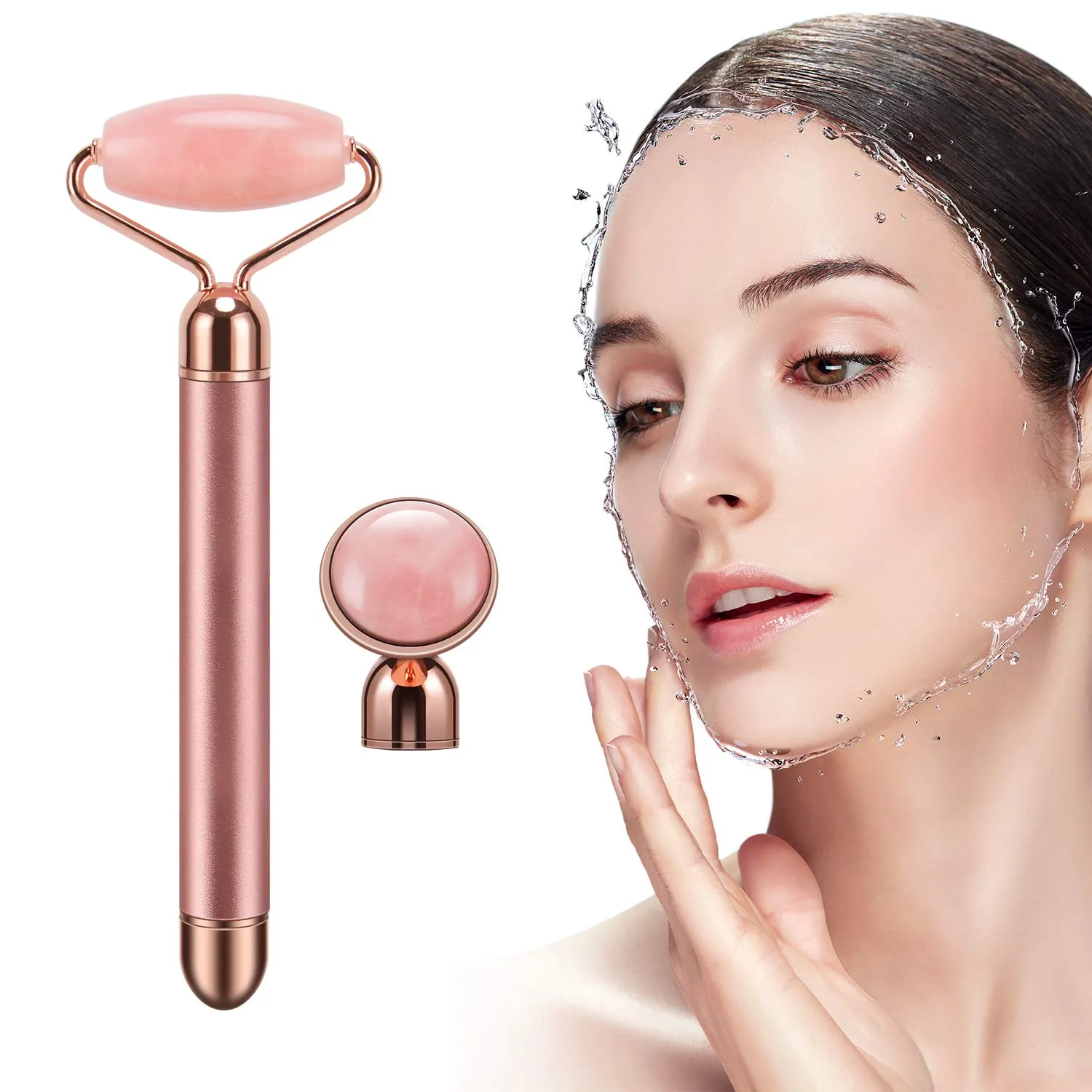 2 IN 1 Rullo di giada elettrico Massaggiatore viso vibrante Quarzo rosa Beauty Bar Anti invecchiamento Stringere gli strumenti per la cura della pelle del viso