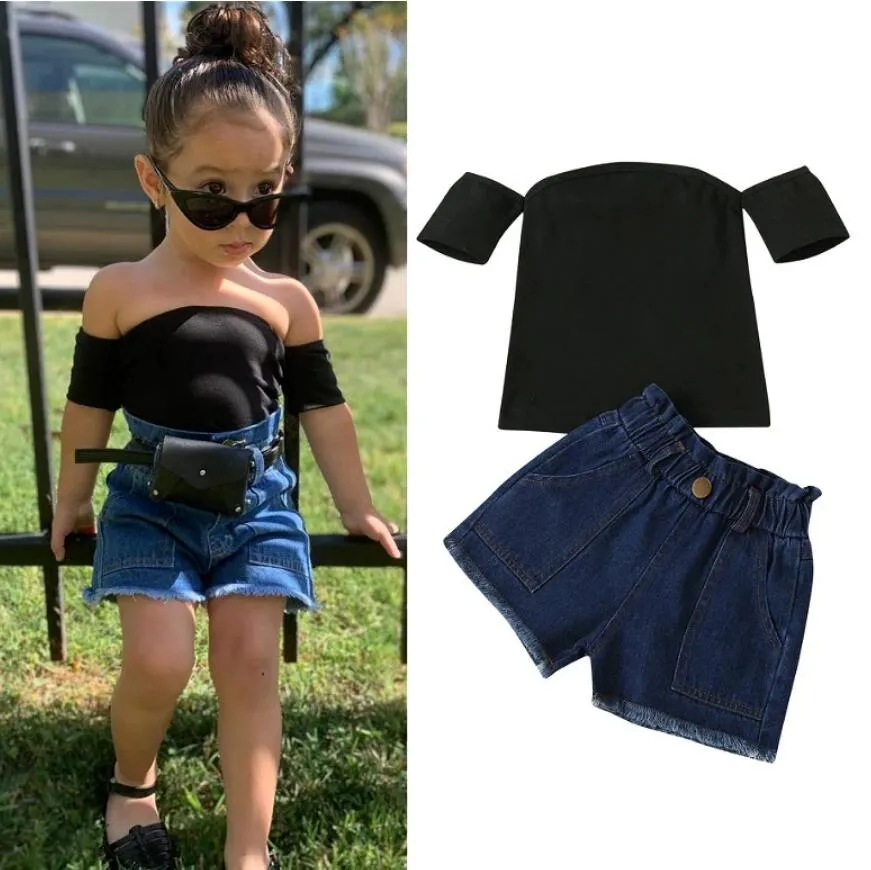 Sommar barn baby tjejer kläder sätter barn solid svart av axel kortärmad t-shirt + denim shorts jeans outfits