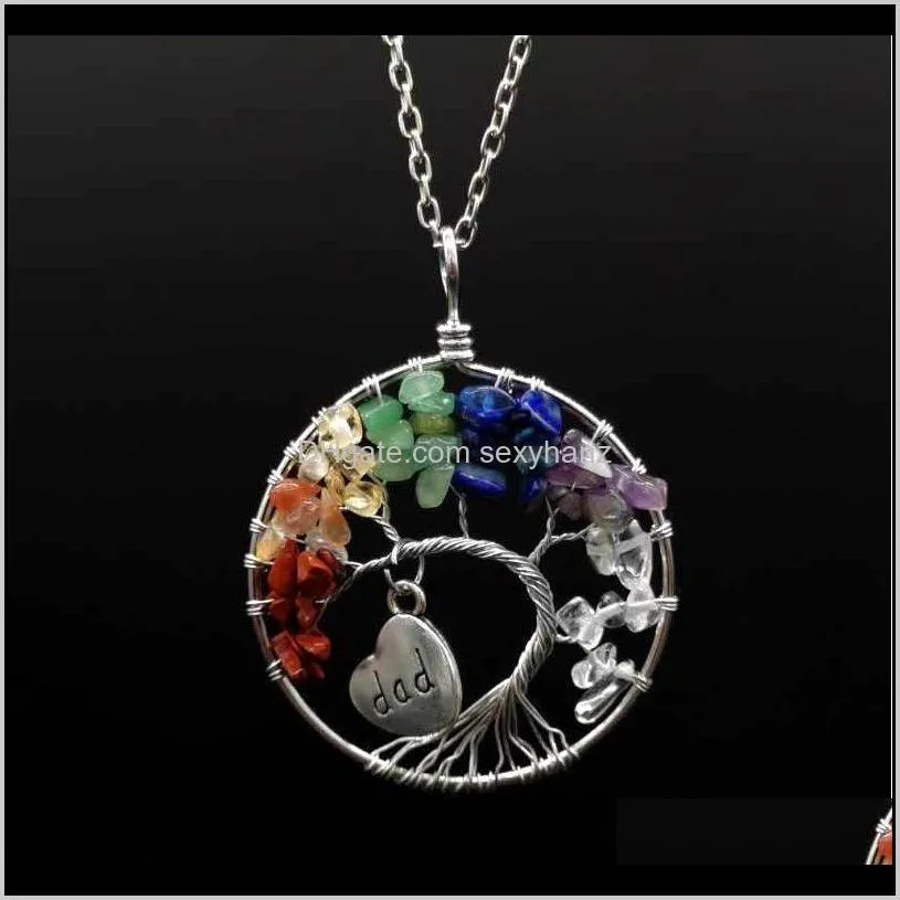 100% handmade wrapped natural stones crystal tree of life pendant necklace women men heart engraved letter family jewel qylozh