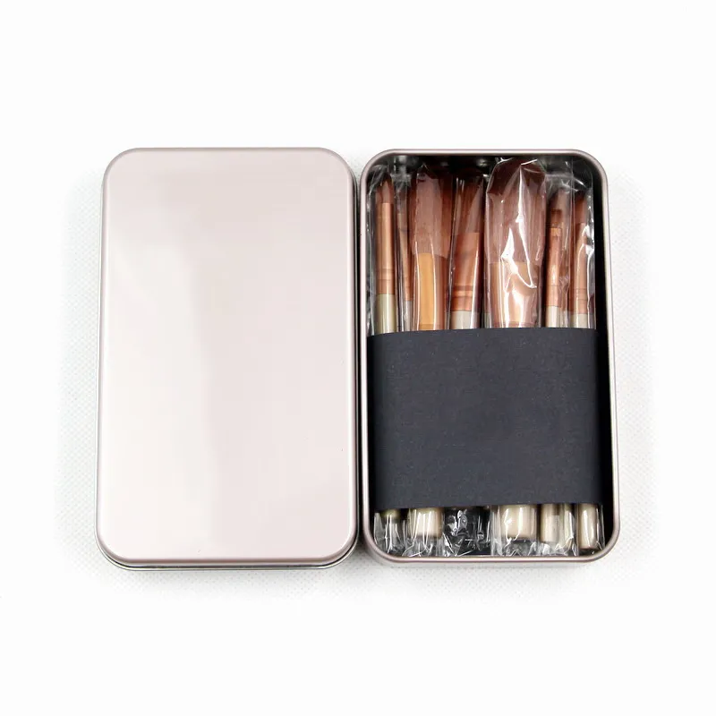 12 pc Makeup Brush Set Gold Metal Box Rod Full Wooden Handle High Grade Professional Make Up Brushes Kit