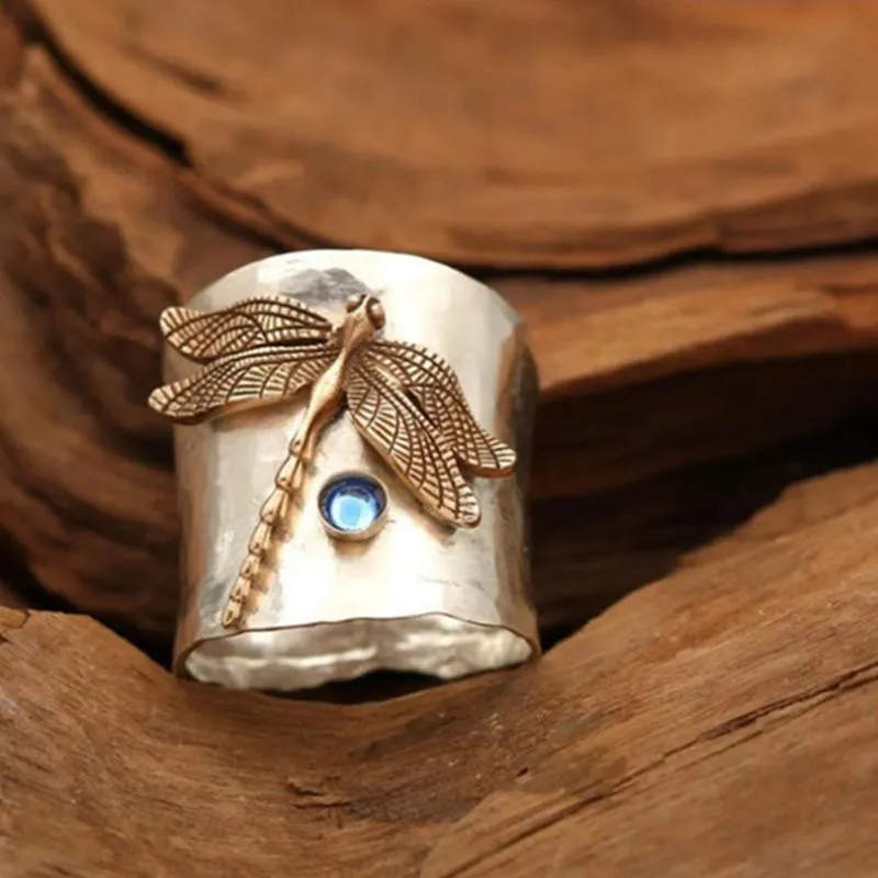 Кластерные кольца Uilz Design Dragonfly Cuff Ring Cring Natural Moonstone Clear Quartz Blue Crystal для женщин Свадебные украшения CRL229326J