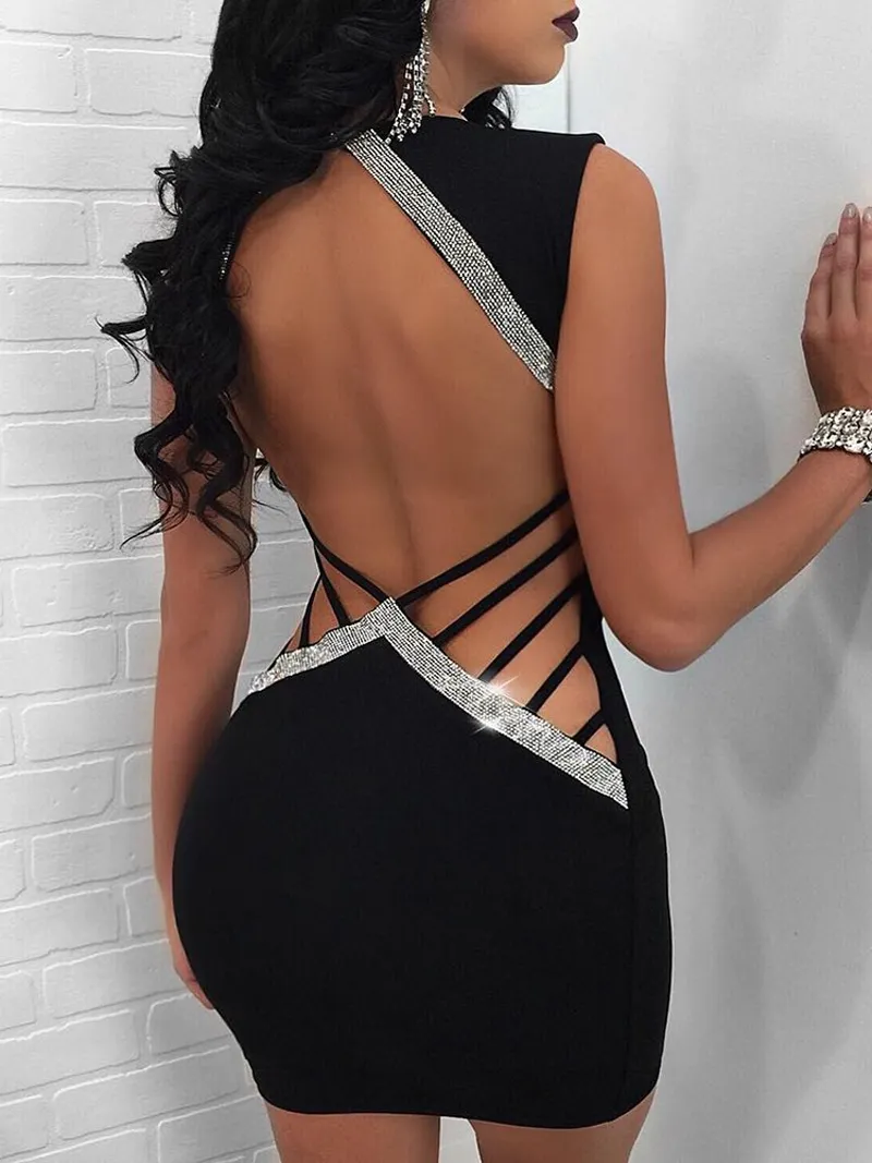 Mulheres Vestido Elegante Sexy Senhoras Profundo V Neck Lantejoulas Bodycon  Party Partido Curto Mini Backless Bandage Bainha Roupa De $92,72