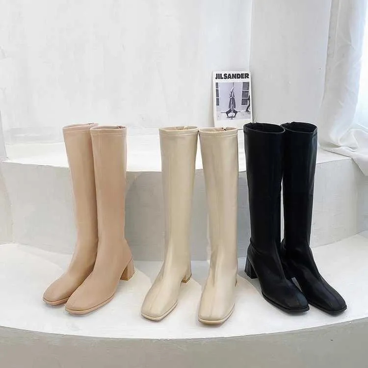 2020 Fleece Medium Chunky Heel Knight Boots 여성의 높은 튜브 얇은 짧은 긴 Y0910