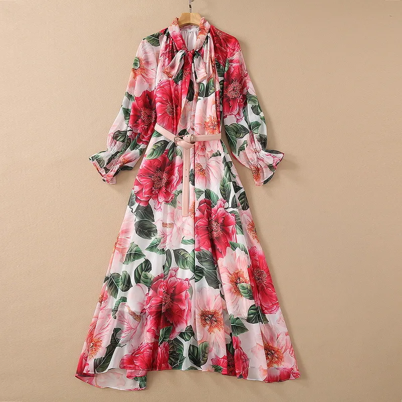 European and American women's wear for spring 2021 Flared Sleeve Bow collar with floral print Fashionable Belt Dress