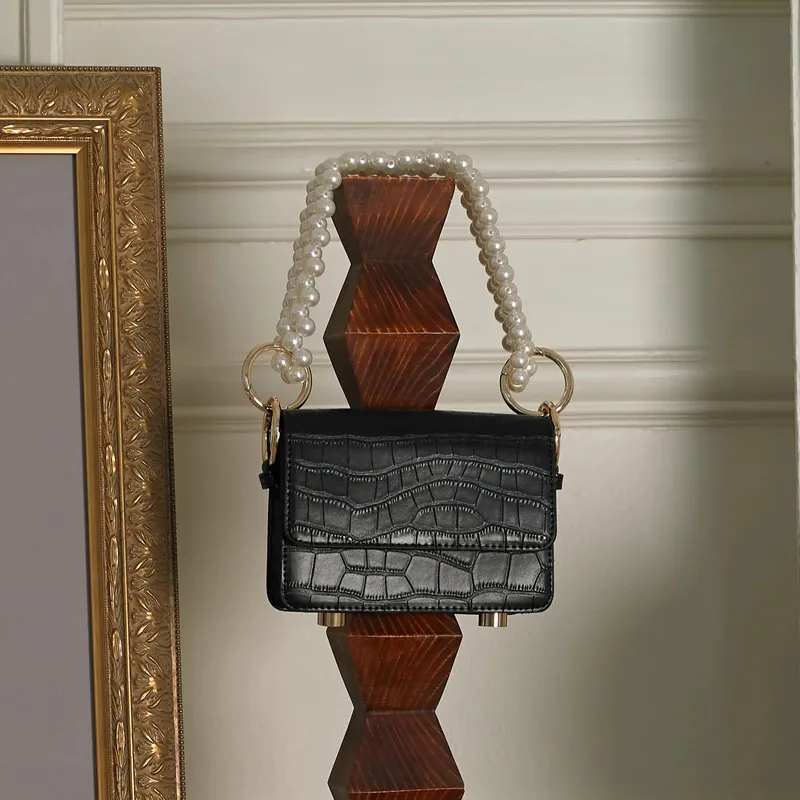 Elegante Umhängetasche mit Perlengriff, schlichtes Design, Damen-Umhängetasche, tragbar, Krokodilmuster, Sommer-Damenhandtasche