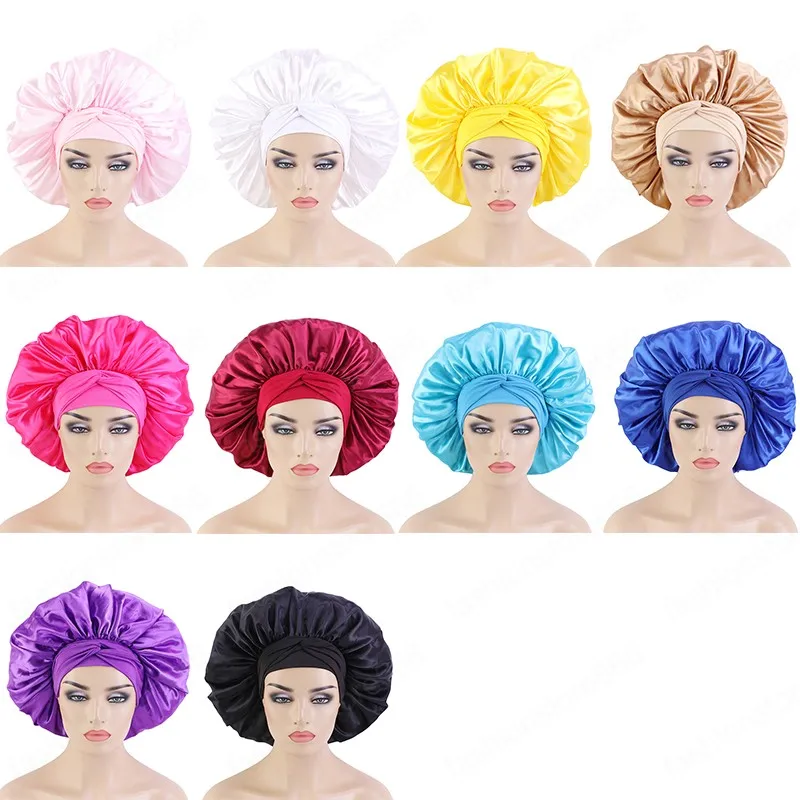 Bonnet en satin de couleur bonbon extra large avec larges attaches extensibles, bonnet de soins pour cheveux longs pour femme, chapeau de sommeil de nuit 2021, bonnet de douche soyeux réglable