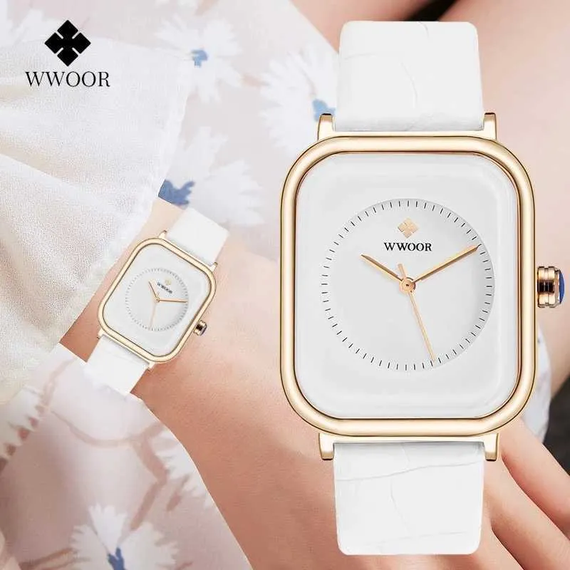 WWOOR Damenuhr Mode Weißes Quadrat Armbanduhr Einfache Damen Top Marke Luxus Leder Kleid Casual Uhren Reloj Mujer 210720