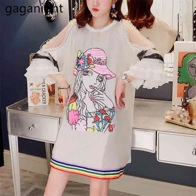 Cute Cartoon Printed Summer Dress Women Casual O Neck Off Shoulder Loose Party Dresses Vestidos Plus Size M-4XL 210601