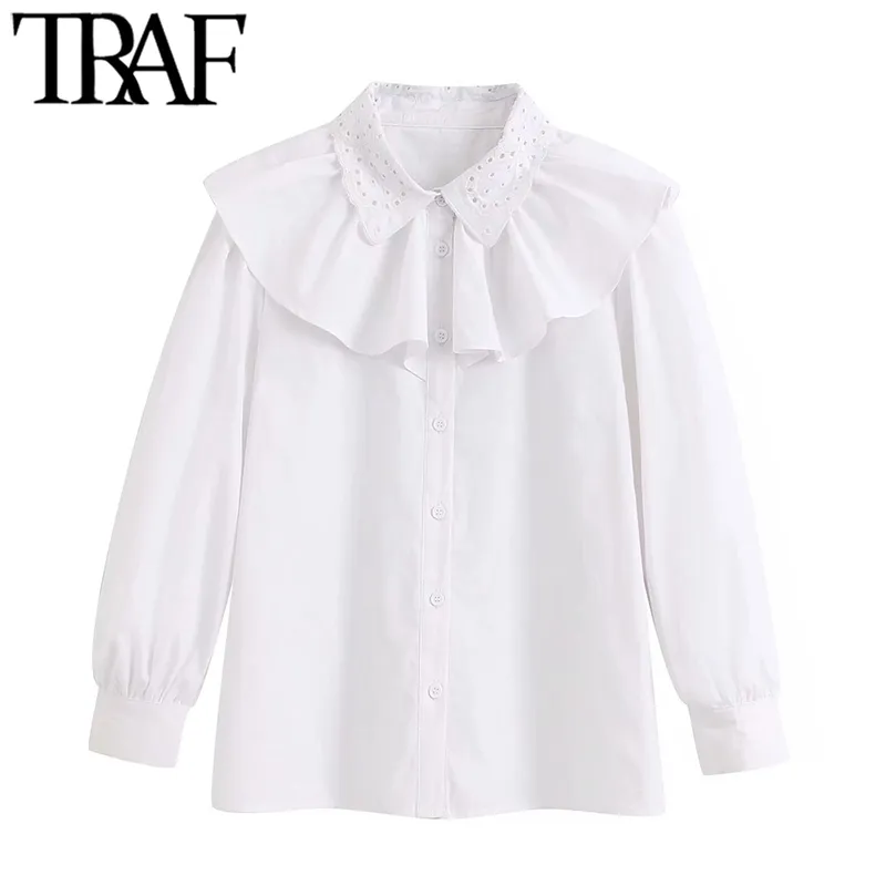 TRAF Kadınlar Tatlı Moda Nakış Ruffled Beyaz Bluzlar Vintage Puf Kol Düğmeleri Kadın Gömlek Blusas Chic Tops 210415